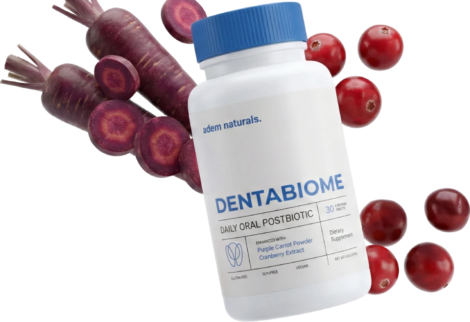 DentaBiome bottle with purple carrot and cranberry ingredients